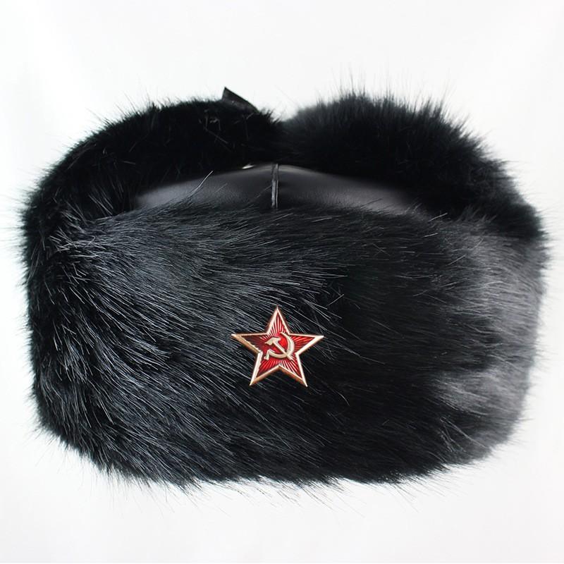 Winter Warm Faux Fur Trapper Hat With Soviet Emblem PU Leather Cap Men Women Skiing Snowboarding Cold Weather Protection