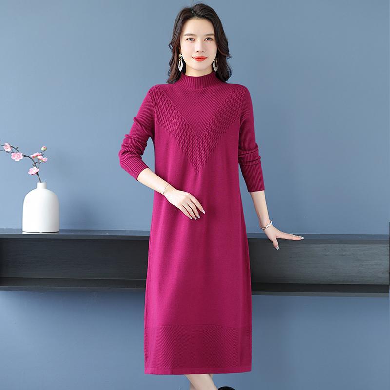 

Mid To Long Autumn and Winter Sweater Dress Loose Sweater Dress Thick Over The Knee Bottom Dress S рожевий червоний колір