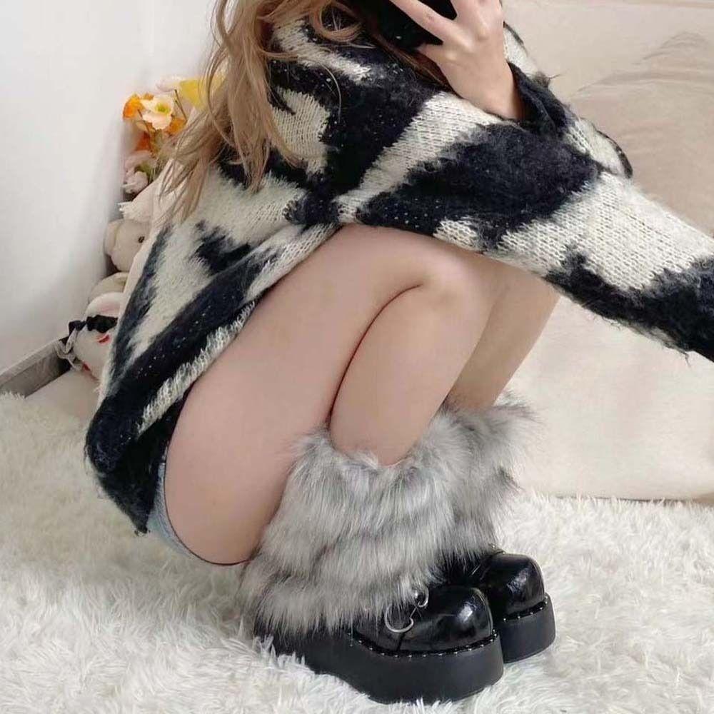 Long Tube Women Fur Leg Warmers Thickened Fur Knee Cover Gothic Punk Fur Leg Warm Socks  Women