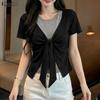 Women Casual Round Neck Short Sleeve Summer Patchwork Blouse