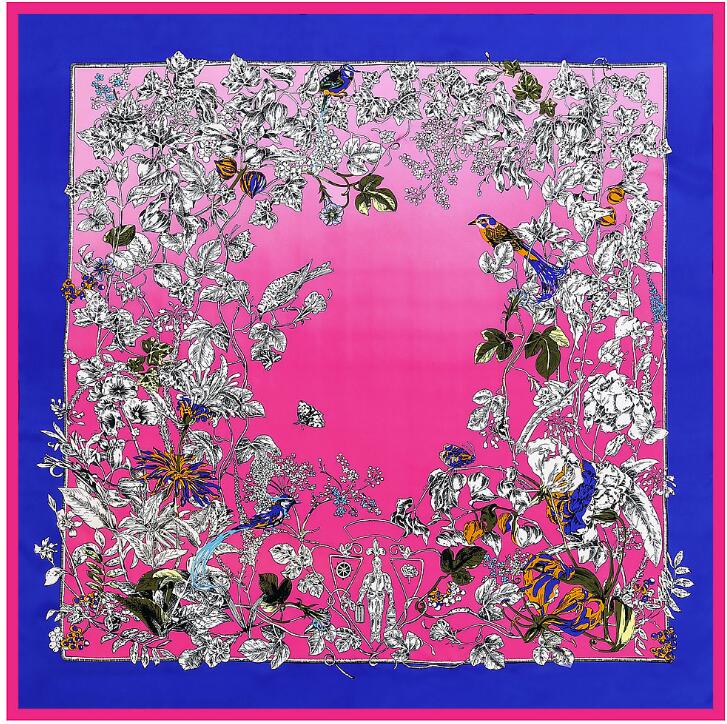 130cm Silk Scarf Women Large Shawls Floral Birds Print Ombre Stoles Square Bandana Luxury Kerchief Scarf Female Foulards