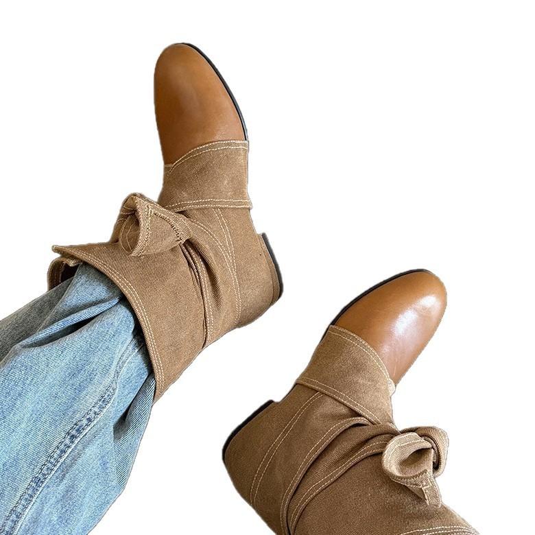 Versatile new flat-bottomed retro splicing women's boots round head rad autumn bow fashion beauty short boots women's short tube