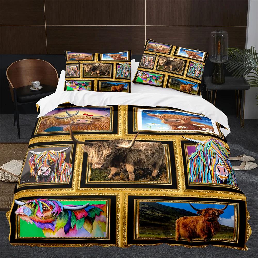 Highland Cow Duvet Cover King Queen Cattle Bedding Set Farmhouse Animal Quilt Cover Western Funny Bull Polyester Comforter Cover