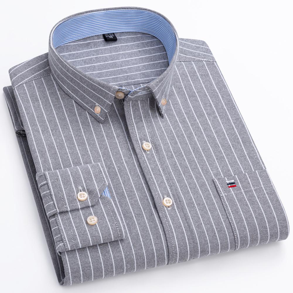 Men's Oxford Long Sleeve Shirt 100% Cotton Wrinkle Resistant & Breathable, Solid Plaid Striped Comfort Casual Button-down Shirts