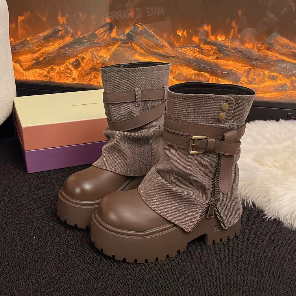 Ankle Boots for Women Cowboy Flats Platform Shoes  Fashion Designer Zipper Winter Gothic Boots New Walking Dress Mujer Botas