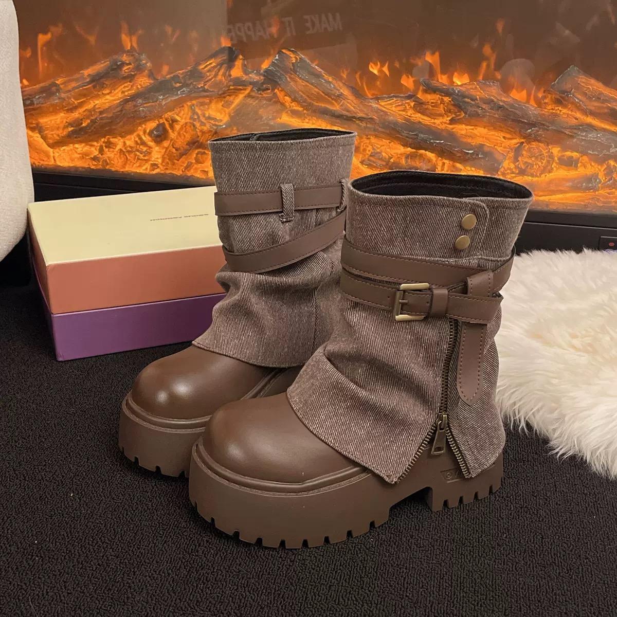 

Ankle Boots for Women Cowboy Flats Platform Shoes Fashion Designer Zipper Winter Gothic Boots New Walking Dress Mujer Botas 35