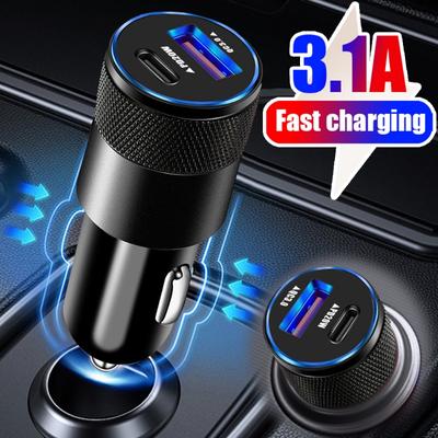 Tragbares Mini-Autoladegerät, 38 W, DC12–24 V, Autoladegerät mit zwei Anschlüssen, USB 3.1 A + Typ-C, schnelles Laden mit durchscheinender LED-Anzeige