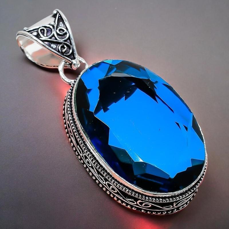 Piatră prețioasă Topaz Albastru Londra Lucrat manual Argint Sterling 925 Bijuterii Pandantiv 2,17" AH-838