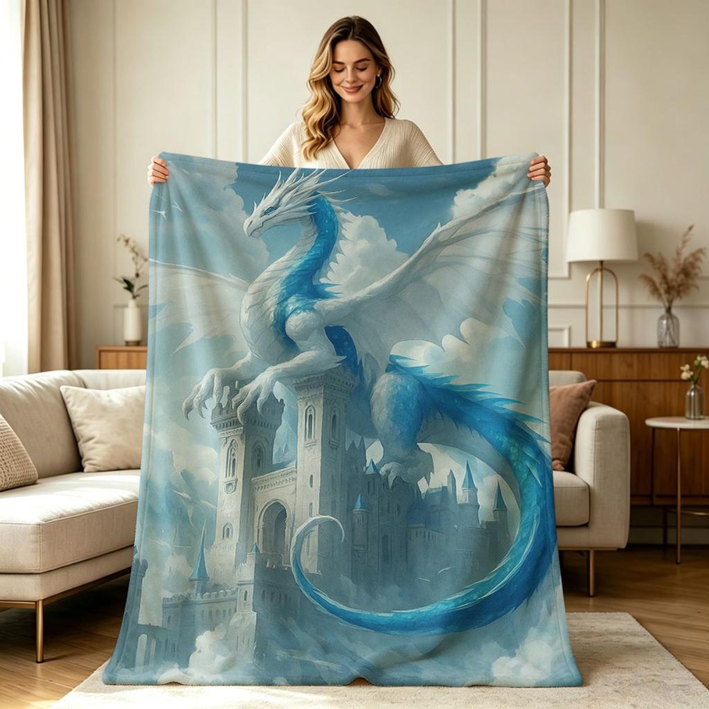 All Season Flannel Fleece Blanket with Fantasy Dragon Castle Cloud Sky Print Soft Warm Cozy Throw Blanket for Living Room Sofa Bedroom Office Couch Ch