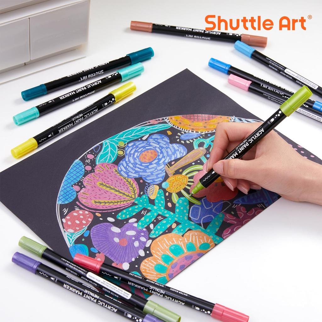 Shuttle Art Acrylic Metallic Dot Brush Tip Twin Acrylic Paint Suitable for and Art Gift Markers, Colors, & Pen, 28-Color Set, Glitter, Water-Based