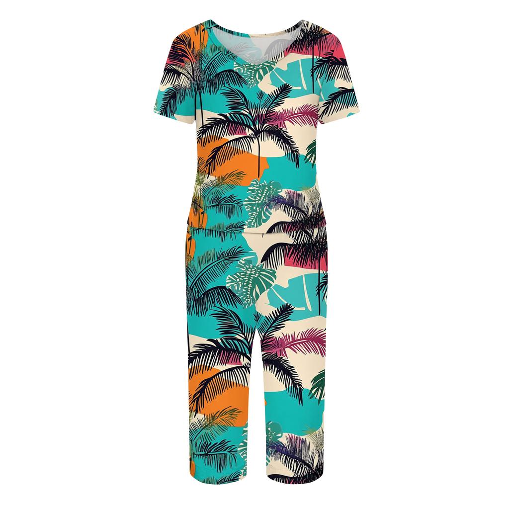 2 Piece Sets For Women Short Sleeve Top And Pants With Pockets Workout Soft Print Sets