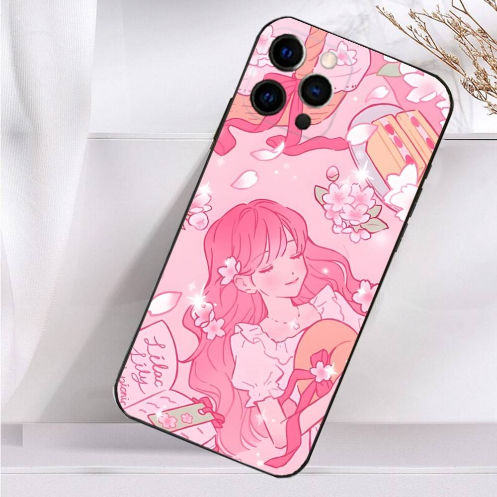 Beauty Girl Cartoon Pink  Case For iPhone 16,15,17,14,13,12,11 Plus,Pro Max,XS,X,XR,SE,Mini,8,7 Soft Silicone Black Cover