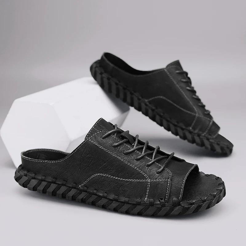New New Casual Top Leather Slippers Handmade with Personalized Lace Up and Super Fiber Leather Sandals Plus Size 39-46