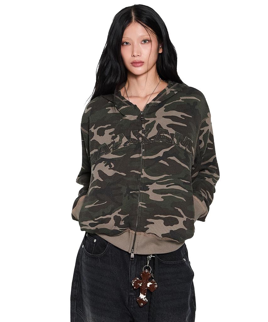 Aakam Camouflage Waffle Zip-Up Hoodie (Khaki)