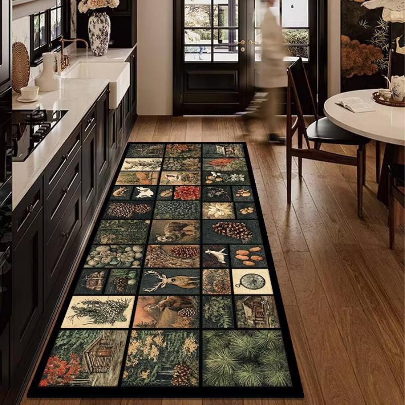 VIKAMA Vintage Forest Deer Runner Rug Mountain Lake Wildlife Non Slip Washable Long Floor Mat Farmhouse Kitchen Hallway Decor