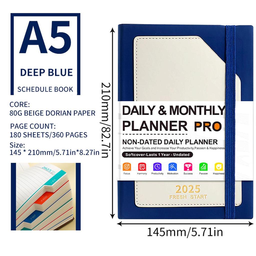 A5 leather 2025 business schedule book, English inner pages, student daily planner, 365-day record book, notepad, memo, 200 sheets