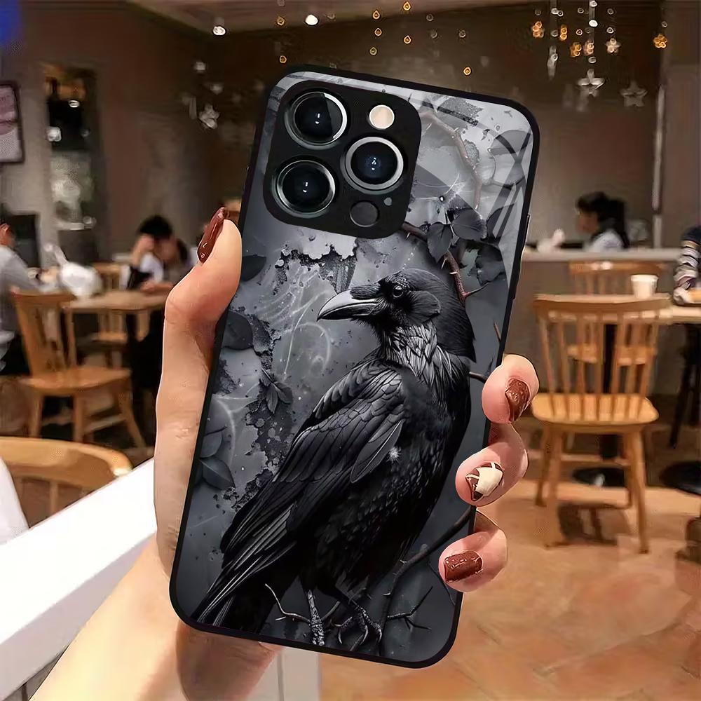 Crow pattern tempered glass mobile phone case suitable for iPhone 17/16/15/14/13/12/11Pro Max all-inclusive anti-fall back cover