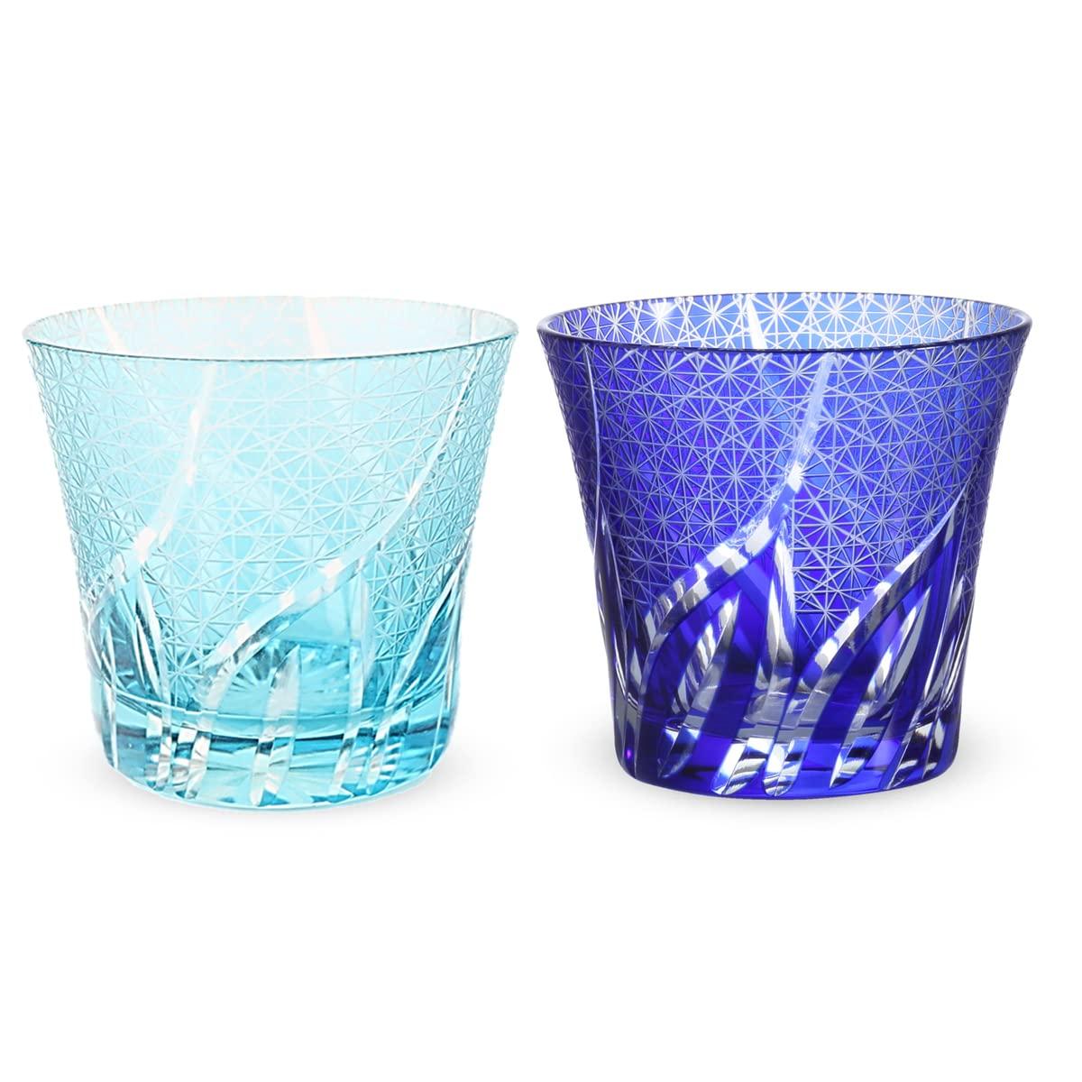 

Nostalgia Kiriko Pair of Glass Ranbori Komon Aqua Bisho J-kitchens Cups, 94xH85mm, 240cc, (Small Pattern) & Blue, (Current Model)