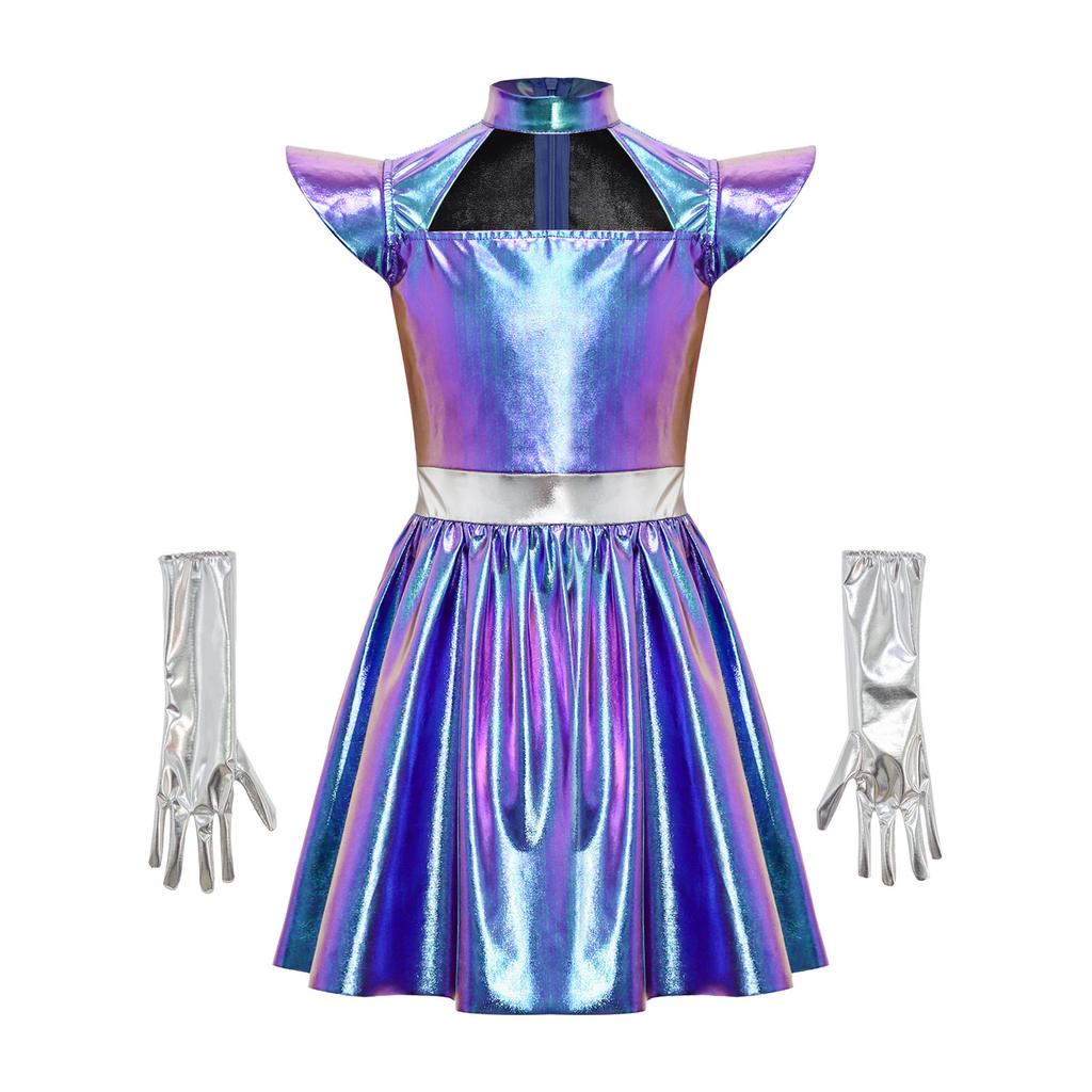Girls Alien Cosplay Dress Metallic Hollow Out Flying Sleeve Back Zipper Ruffled Dress Gloves Robot Outfit