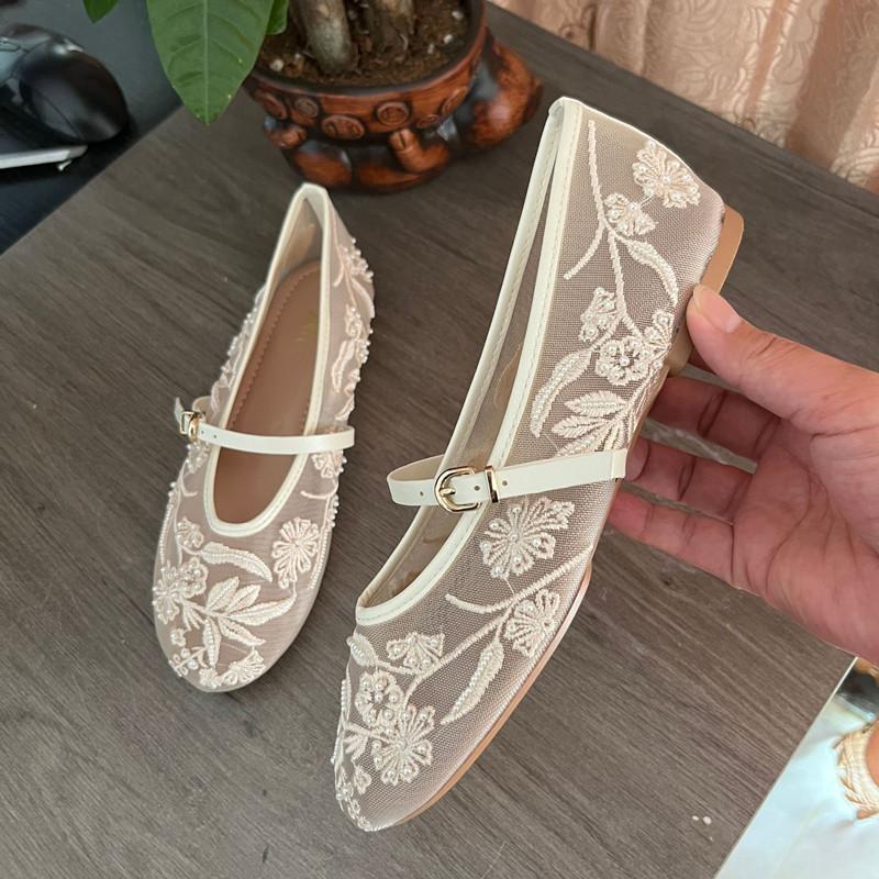 Breathable Mesh Embroidery Pearls Women Ballet Flats Spring Summer Comfort Soft Soles Mary Janes Girls Dance Shoes
