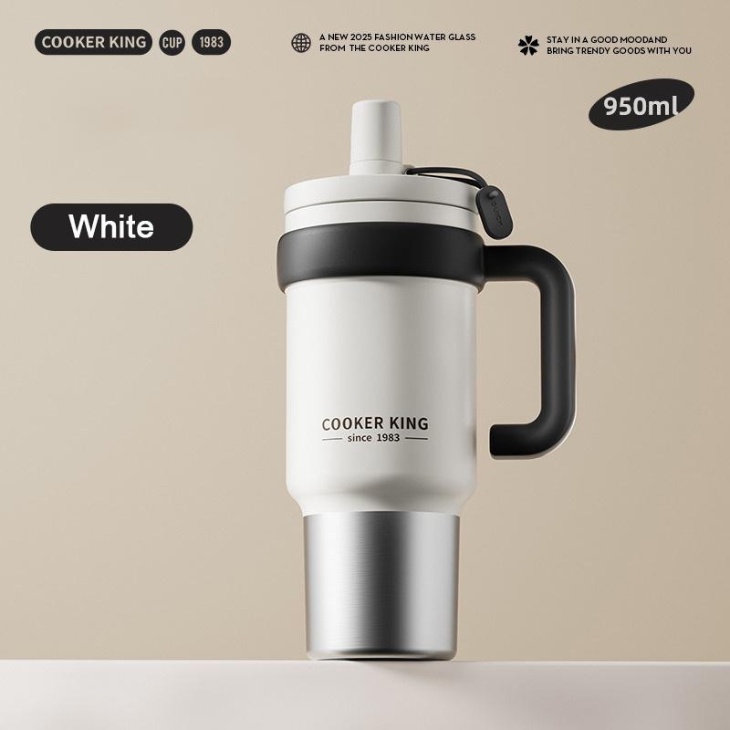 COOKER KING 950ml Stainless Steel Insulated Cup Straw Thermos Cup Large Capacity Travel Car Coffee Mug for Hot or Cold Drinks