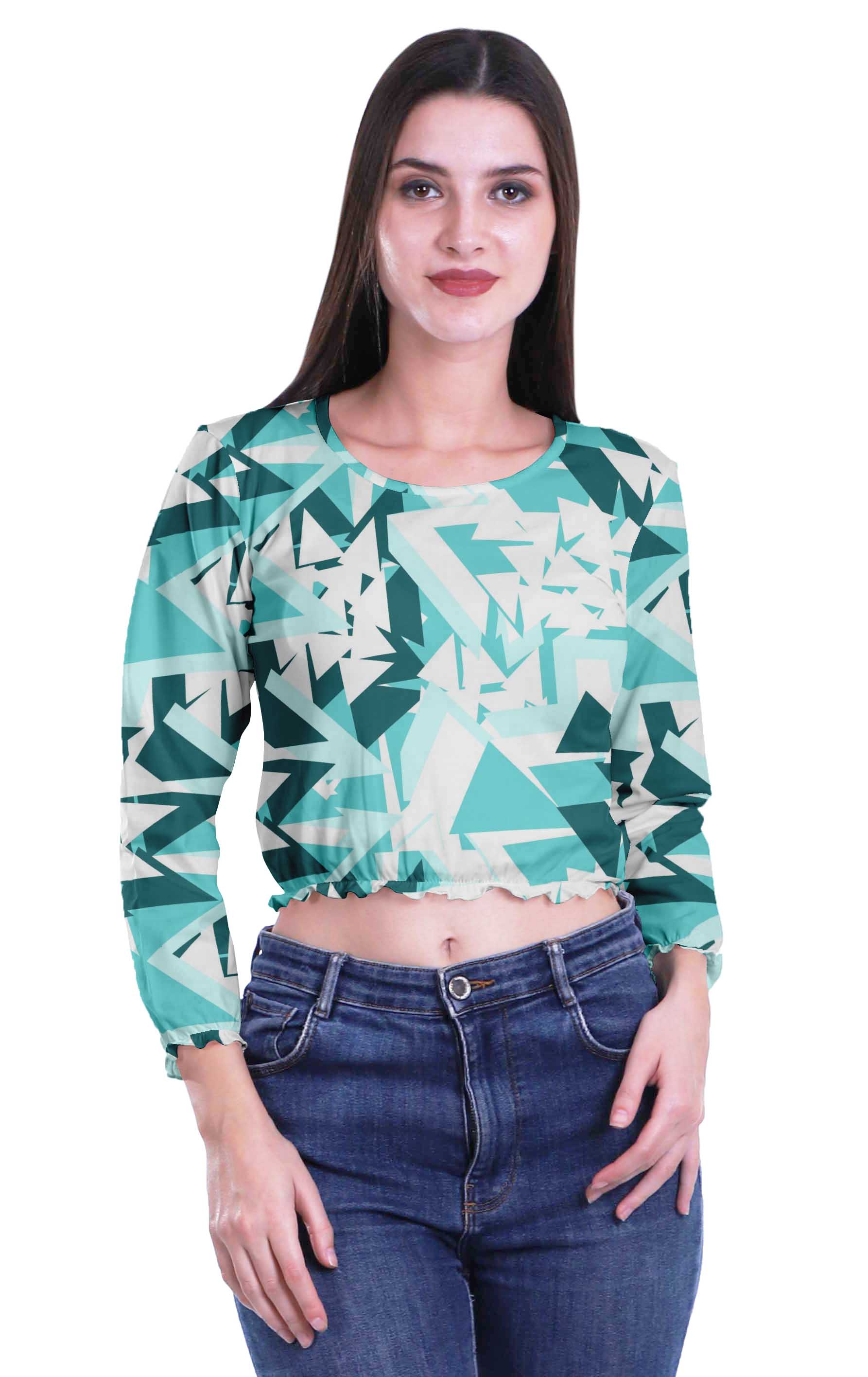 

Moomaya Printed Round Neck Long Sleeve Crop Tops For Women Cotton Jersey T XS чирок синього кольору