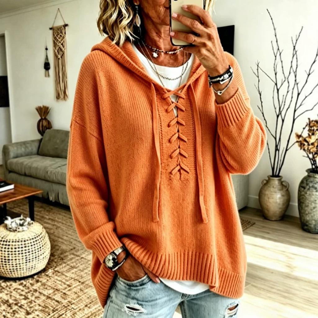 Women's Hooded Sweater with Long Sleeve Loose Fit Color