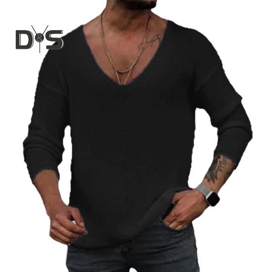 

Мужской свитер с длинным рукавом и V-образным вырезом на весну и осень, свободный крой, однотонный пуловер, топы, простые повседневные трикотажные футболки L чёрный