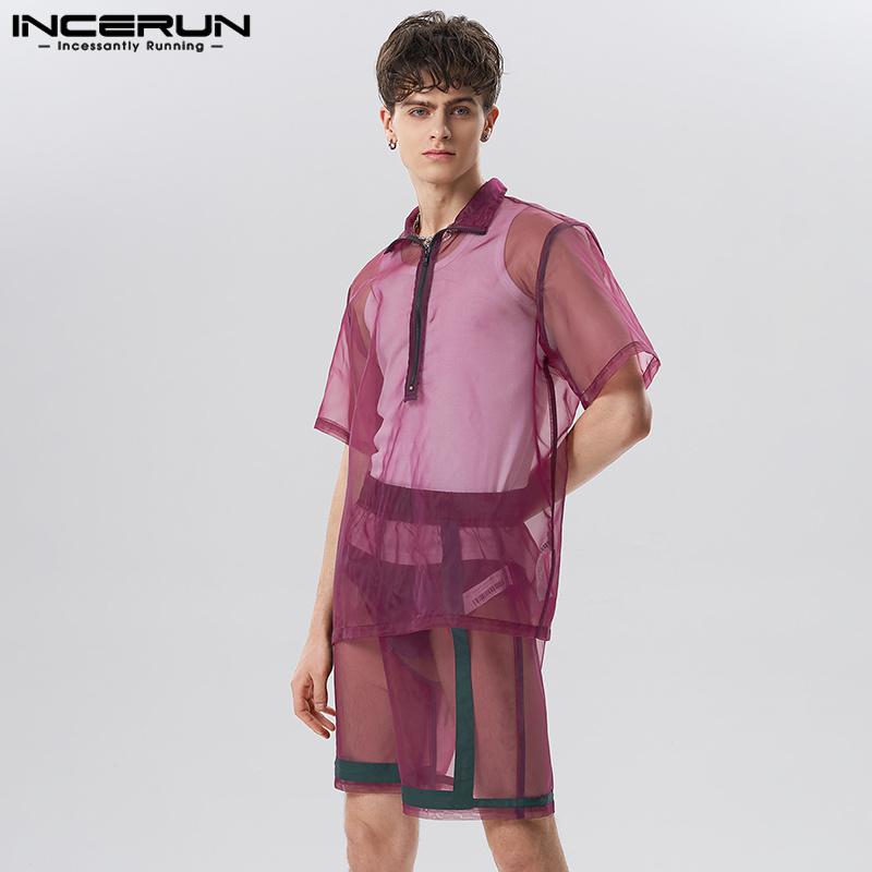 

INCERUN Летний мужской костюм из двух частей с застежкой-молнией и лацканами с короткими рукавами + шорты Прозрачный костюм: Стильная летняя мода для мужчин