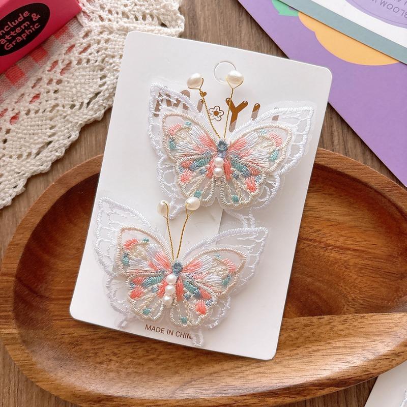 2pcs/set Retro Embroidery Butterfly Hair Clip for Baby Girl Mesh Sweet Peal Kids Hair Pin Fashion Hair Acccessories Headwear