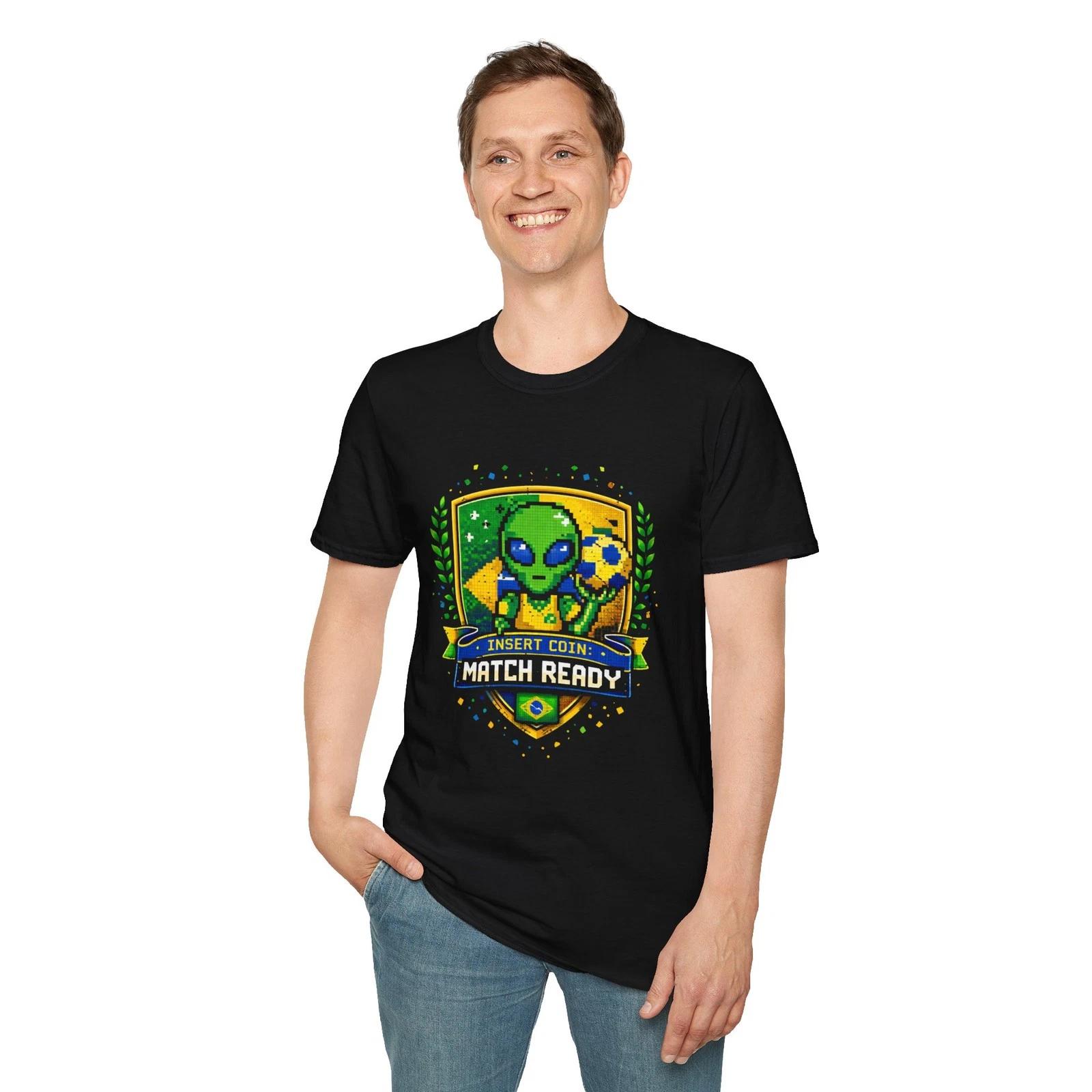 Retro Arcade Alien Brazil Soccer Crest Children s Children s T  Children s T-shirt | Insert Coin Match Ready 160