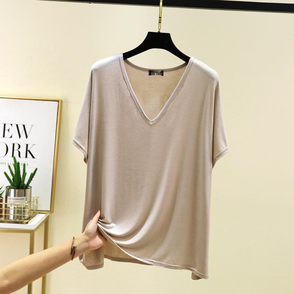 Women's Solid Color V-Neck Cotton Modal Short Sleeve Loose Top