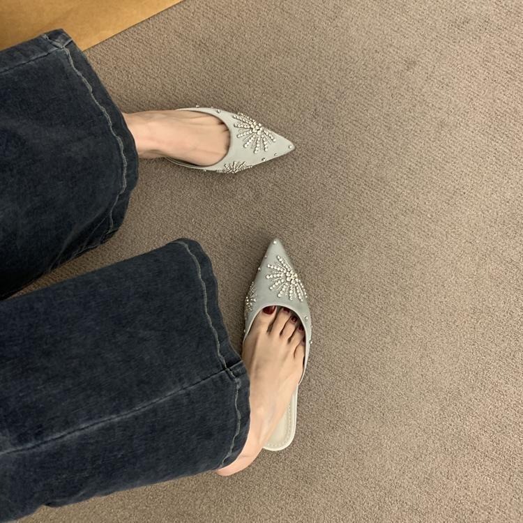 Coarse Heeled French Toe Cap Half Slippers for Women Wearing Outer Shoes. Spring and Autumn 2025 New Brown Rhinestone Pointed Evening Shoes