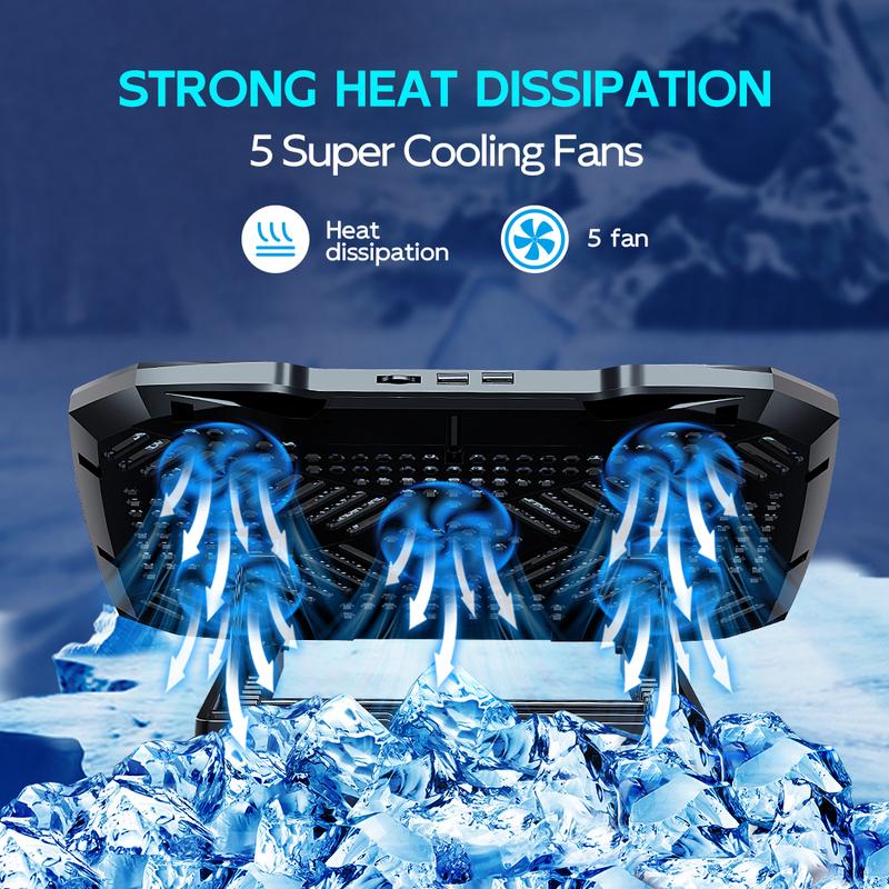 COOLCOOLD Laptop Cooling Pad for 12-17 Inch Laptop Cooler Stand, 5 Quiet Fans, 5 Angle Adjustable with Phone Holder