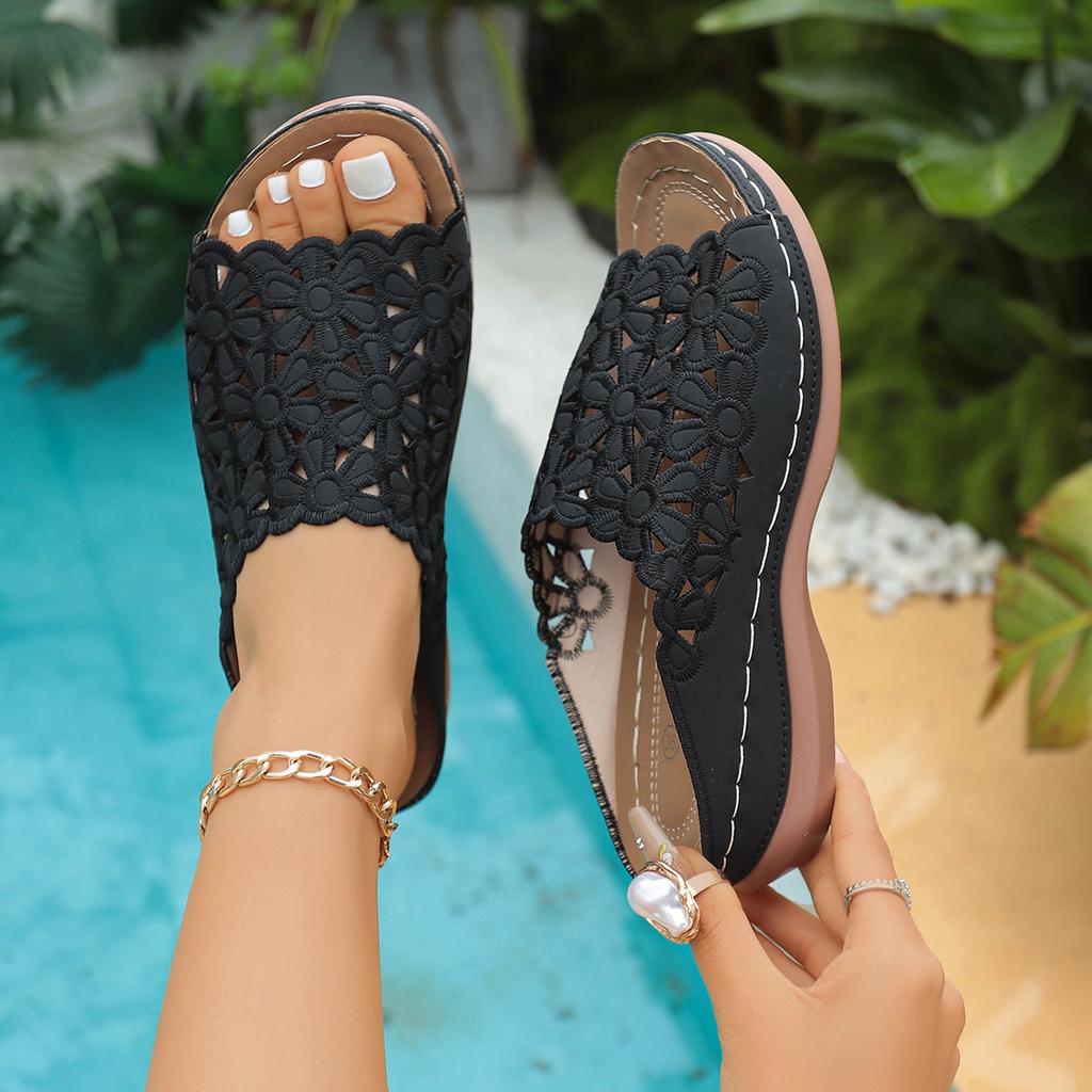 Large Size Sandals Summer New Simple European And American Flowers Hollow Middle Heel Women'S Wedge Heel Slippers