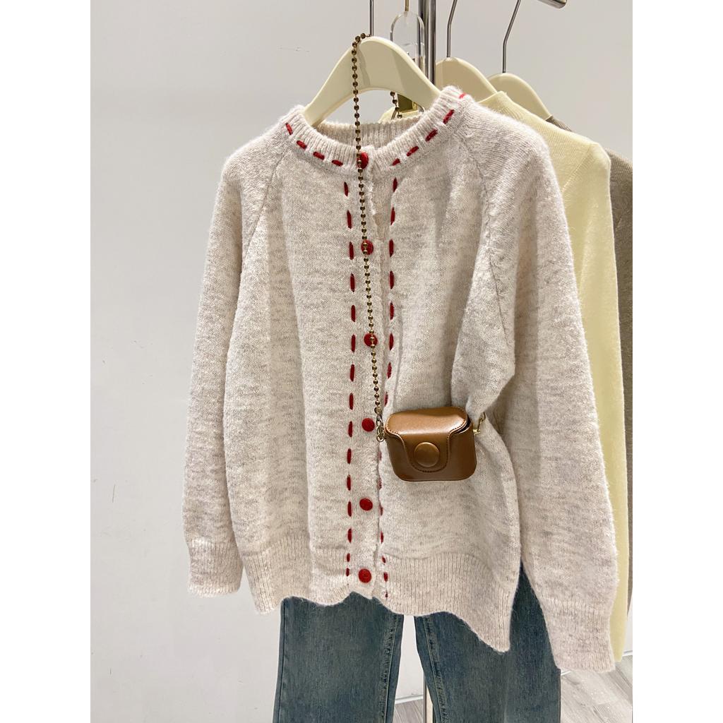 Apricot Soft Waxy Sweater Jacket Women's Spring and Autumn New Design Sense Loose Contrasting Color Knitted Cardigan Short Button Top
