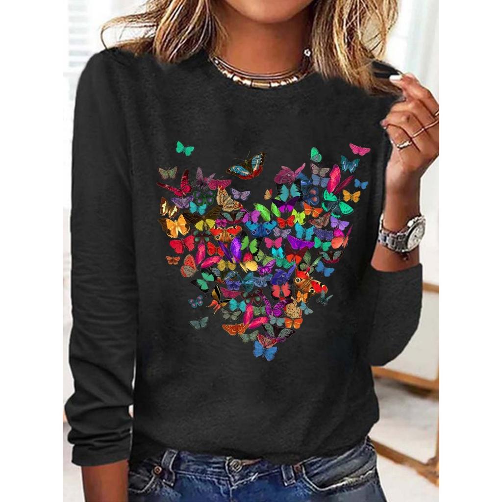 Round Neck 3D Printed Butterfly Pattern Top Fashionable Casual Long Sleeved Women's T-shirts