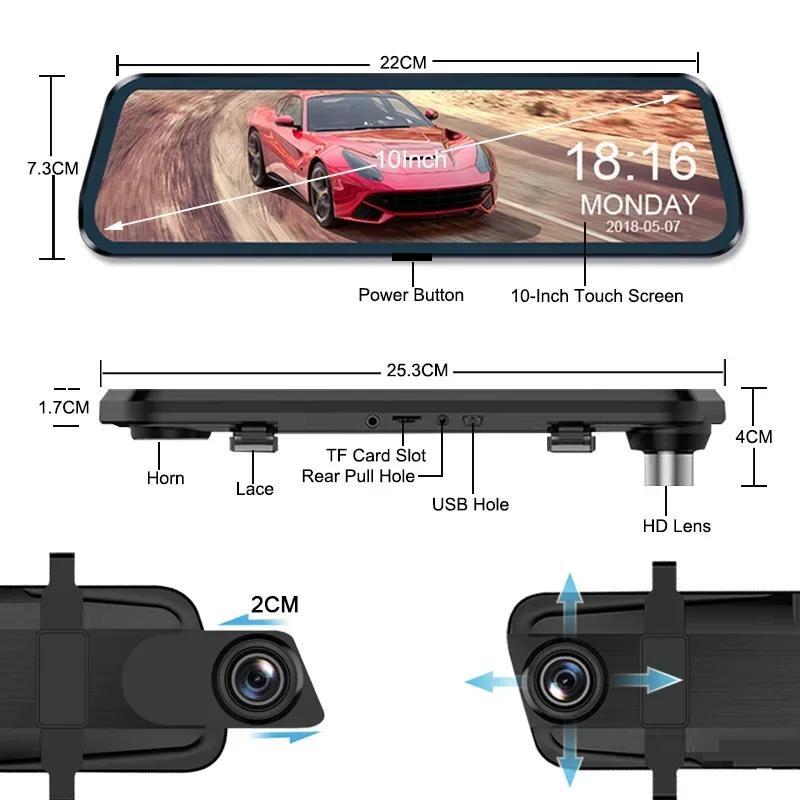 10 İnç Dokunmatik Ekranlı Araç Medya DVR, Gece Görüşlü Video Kayıtlı 1080P Çift Kameralı IPS Dikiz Aynası Dashcam