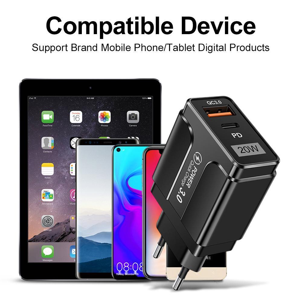 QC3.0+PD 20W Fast Charger: EU/US/UK Plug, High Power Quick Charge