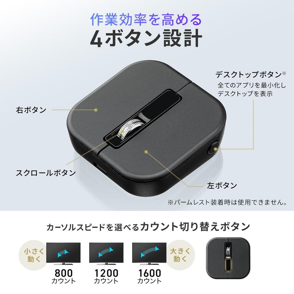 Sanwa Direct Mini Wireless Mouse, Detachable, Bluetooth2.4GHz, Multi-Pairing, 4 Buttons, Rechargeable, DPI Adjustment, Slim Design, 400-MAWB235