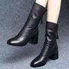 Stylish Women's Mid-Calf Soft Leather Boots with Medium Thick Heel, Plus Velvet, for Autumn and Winter 2024.