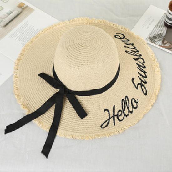 Wide-brimmed Straw Hat with Ties for Women, Korean Style, Summer Hollow Breathable Straw Hat, Beach Vacation Sunshade Fisherman Hat