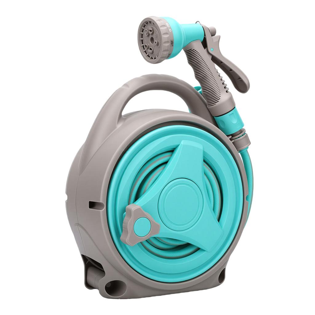 15M Portable Garden Hose Reel with Nozzle Handheld Water Hose Holder Reel for Outdoor Watering Green