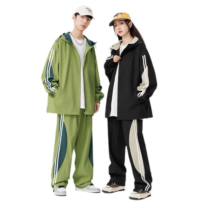 Men's Autumn Color Block Striped Windbreaker & Waterproof Hiking Pants Set