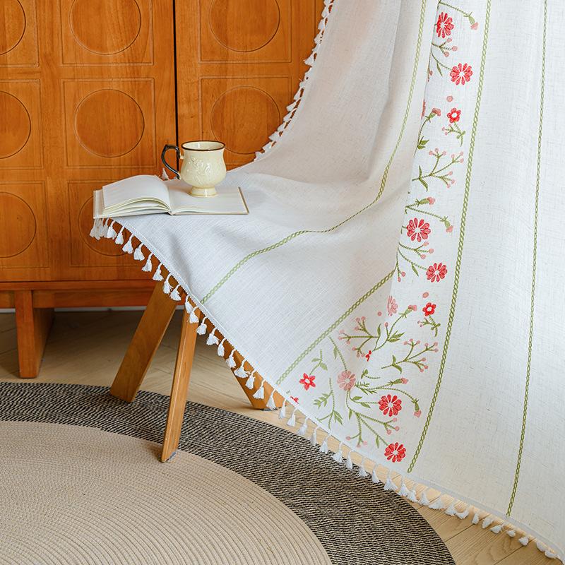 Boho Floral Semi-Blackout Curtains, Cotton Linen Farmhouse Curtains for Living Room Bedroom Vintage Rustic Patterned Printed