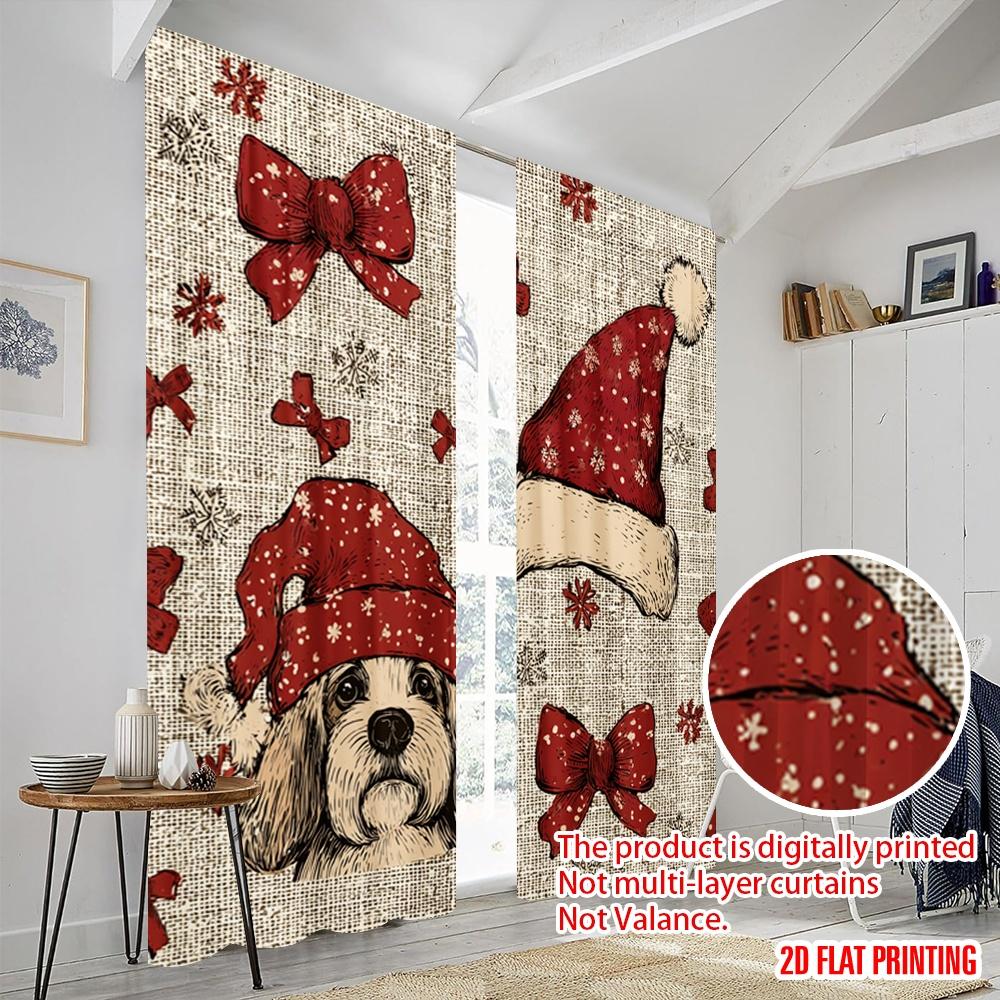 2pcs,2D Plane Printing Curtain Fabric Santa Hat & Scarf Versatile Polyester (without Rod) Decorations Outdoor for Various Room