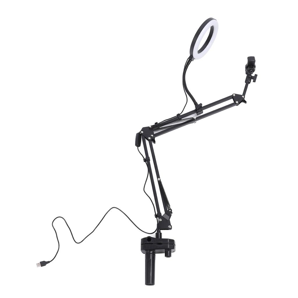 Inel luminos pentru selfie cu 3 temperaturi de culoare, braț retractabil, inel luminos deasupra capului cu clemă pentru suport de telefon