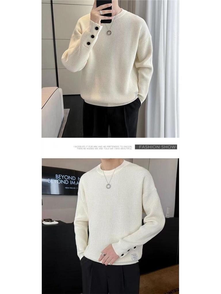 Men's Waffle Sweatshirt - Fleece-Lined, Loose Fit, Warm Autumn/Winter Trendy Top
