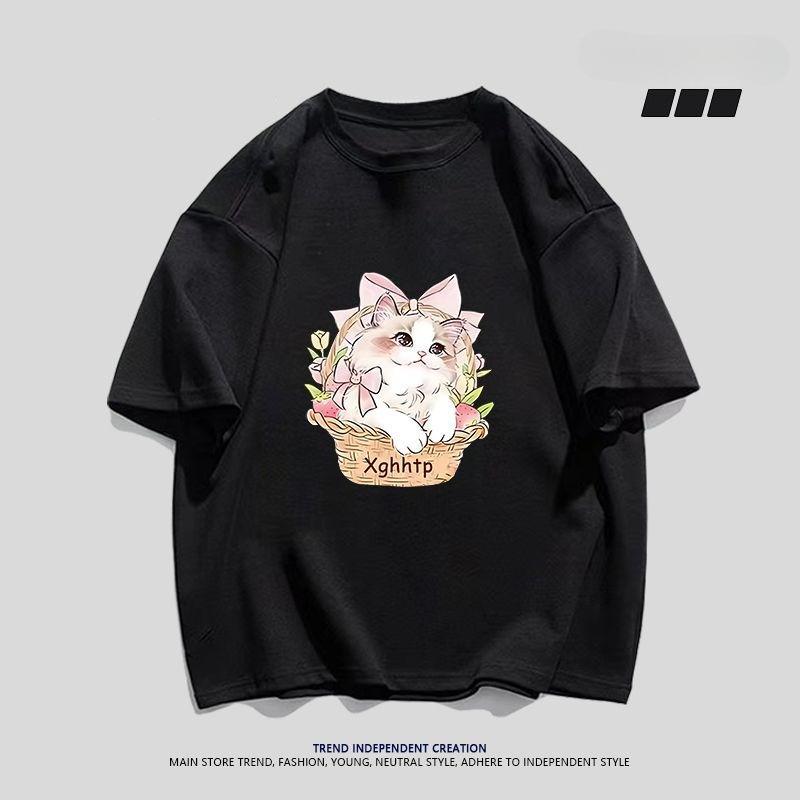 

Heavy Cotton American Sweet Cat Print Shortsleeved Tshirt Unisexs and Womens Fashion Trend Brands Ins Versatile Summer Clothes S