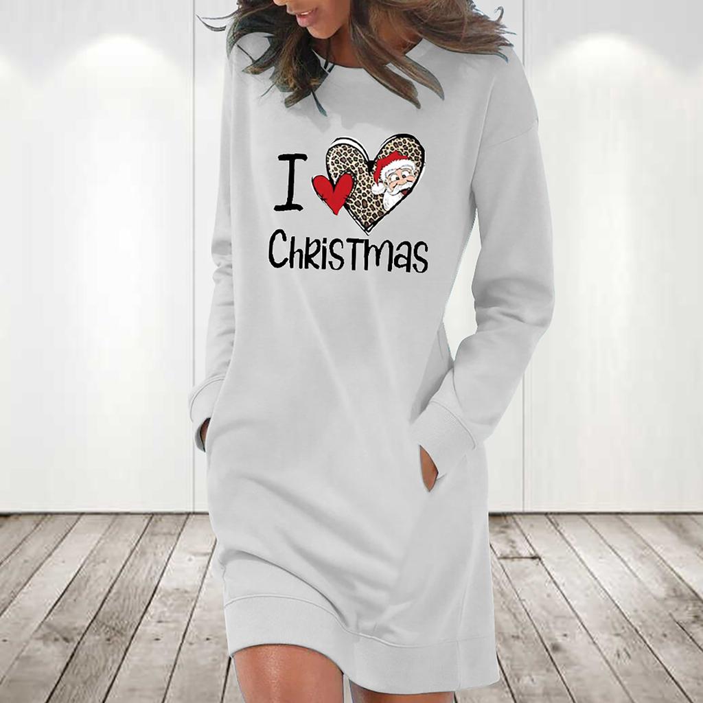 Women's Casual Solid Color Long Sleeve Round Neck Pocket Dress Merry Christmas